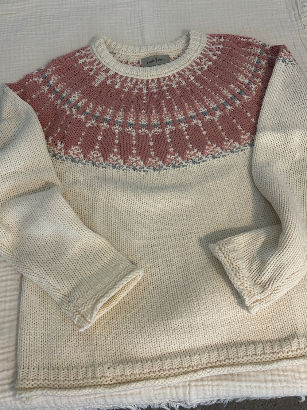 Charlie Paige Cream Sweater with Dusty Rose Fair Isle Yoke